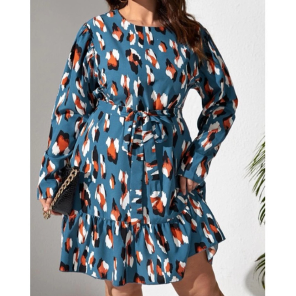 Plus size ruffle hem belted dress